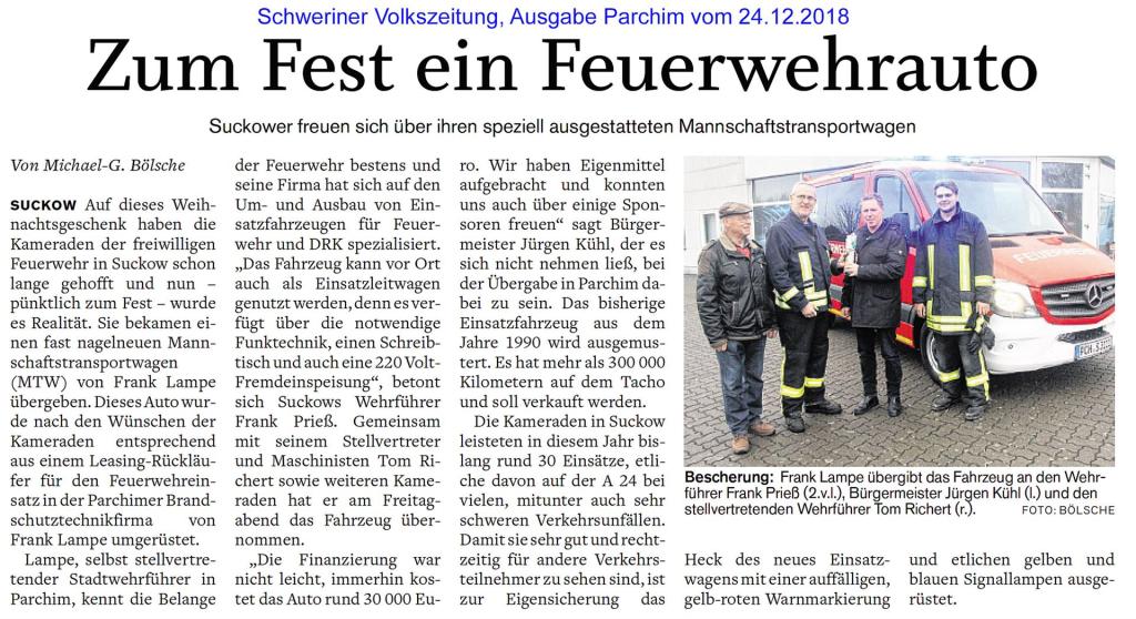 Artikel einer Fahrzeugübergabe an FFw Suckow